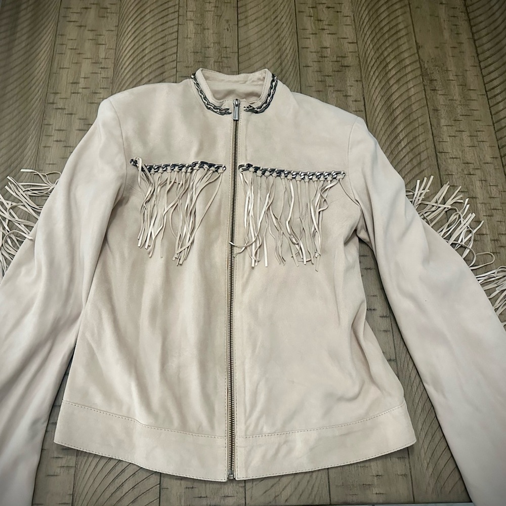 Animale Women's Cream Fringe Leather Jacket